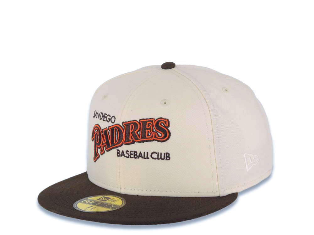 San Diego Padres New Era MLB 59FIFTY 5950 Fitted Cap Hat Cream Crown Brown Visor Brown/Orange Baseball Club Logo 40th Anniversary Side Patch Cream UV