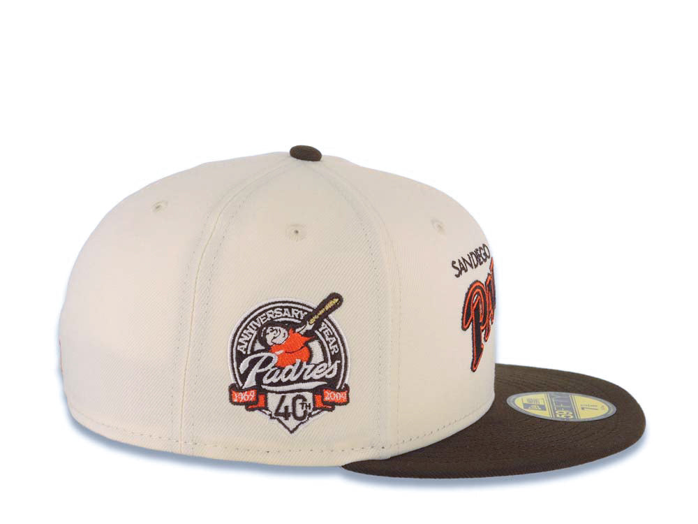 San Diego Padres New Era MLB 59FIFTY 5950 Fitted Cap Hat Cream Crown Brown Visor Brown/Orange Baseball Club Logo 40th Anniversary Side Patch Cream UV