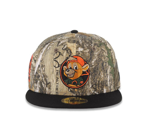 Chicago Cubs New Era MLB 59FIFTY 5950 Fitted Cap Hat Real Tree Edge Camo Crown Black Visor Dark Brown/Orange Logo Be Alert For Foul Balls Side Patch