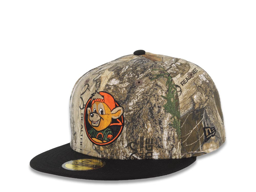 Chicago Cubs New Era MLB 59FIFTY 5950 Fitted Cap Hat Real Tree Edge Camo Crown Black Visor Dark Brown/Orange Logo Be Alert For Foul Balls Side Patch