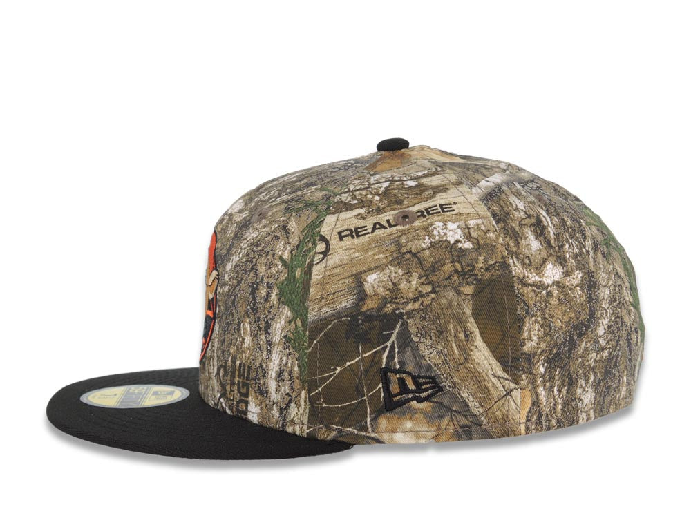 Chicago Cubs New Era MLB 59FIFTY 5950 Fitted Cap Hat Real Tree Edge Camo Crown Black Visor Dark Brown/Orange Logo Be Alert For Foul Balls Side Patch