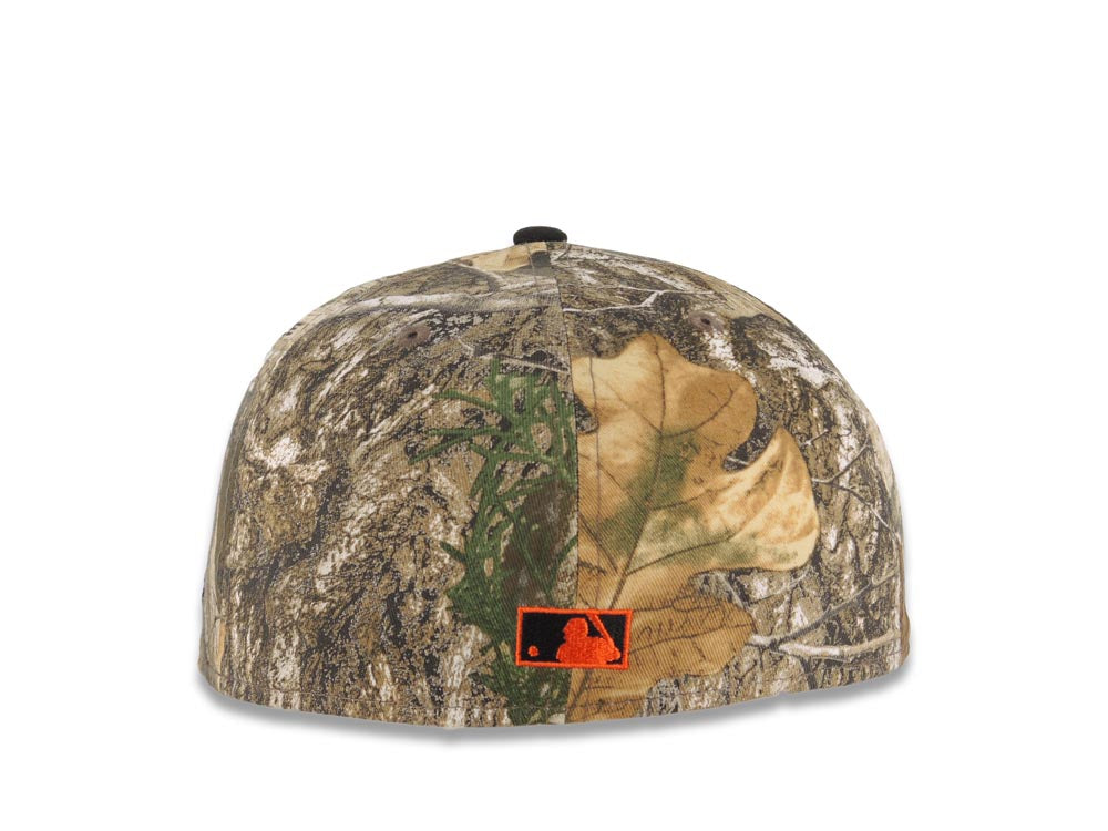 Chicago Cubs New Era MLB 59FIFTY 5950 Fitted Cap Hat Real Tree Edge Camo Crown Black Visor Dark Brown/Orange Logo Be Alert For Foul Balls Side Patch