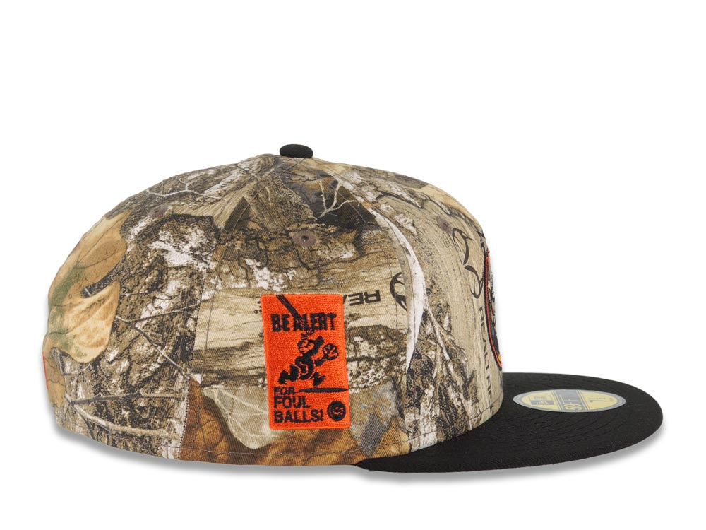 Chicago Cubs New Era MLB 59FIFTY 5950 Fitted Cap Hat Real Tree Edge Camo Crown Black Visor Dark Brown/Orange Logo Be Alert For Foul Balls Side Patch