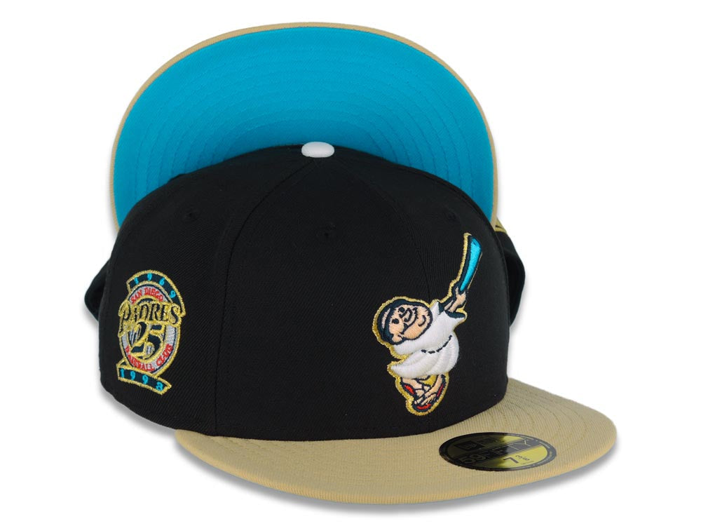 San Diego Padres New Era MLB 59FIFTY 5950 Fitted Cap Hat Black Crown Vegas Gold Visor White/Blue/Metallic Gold Friar Logo 25th Anniversary Side Patch