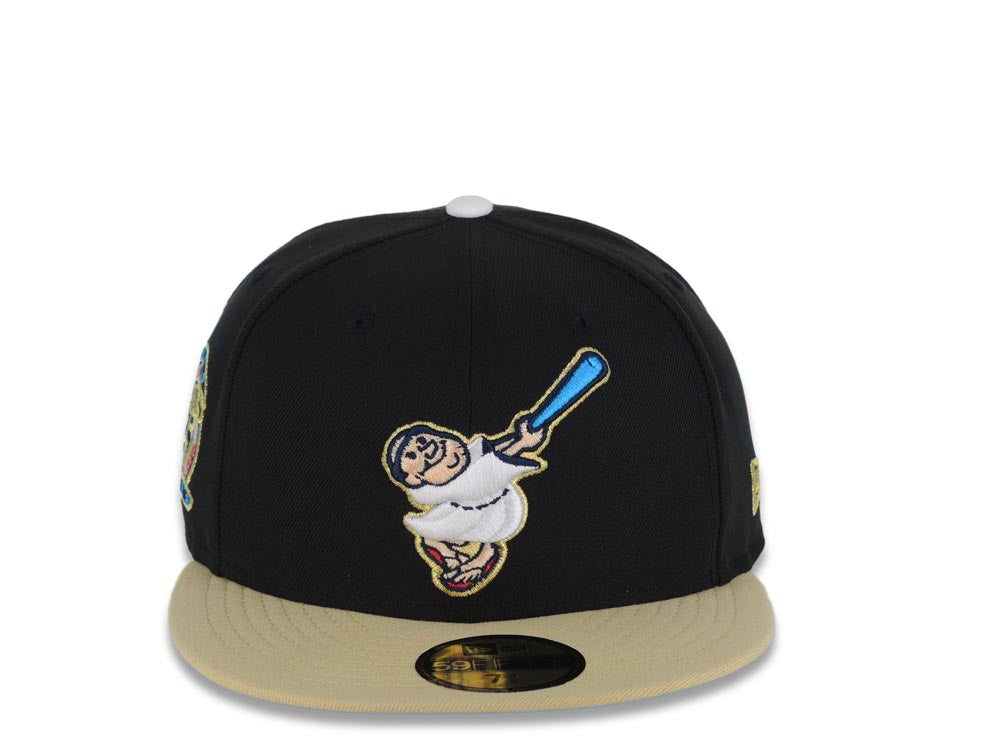 San Diego Padres New Era MLB 59FIFTY 5950 Fitted Cap Hat Black Crown Vegas Gold Visor White/Blue/Metallic Gold Friar Logo 25th Anniversary Side Patch