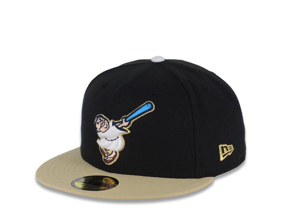 San Diego Padres New Era MLB 59FIFTY 5950 Fitted Cap Hat Black Crown Vegas Gold Visor White/Blue/Metallic Gold Friar Logo 25th Anniversary Side Patch