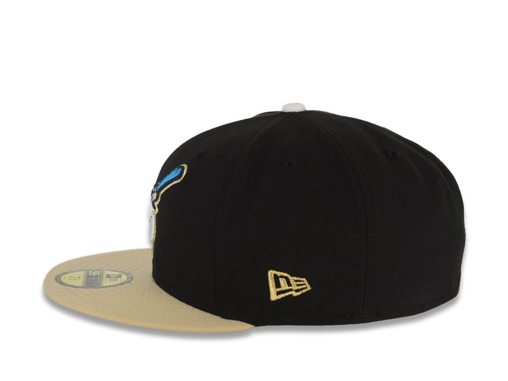 San Diego Padres New Era MLB 59FIFTY 5950 Fitted Cap Hat Black Crown Vegas Gold Visor White/Blue/Metallic Gold Friar Logo 25th Anniversary Side Patch
