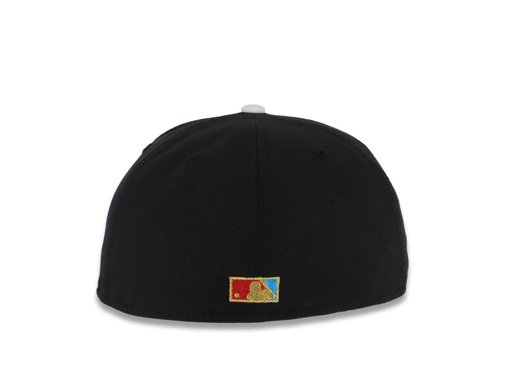 San Diego Padres New Era MLB 59FIFTY 5950 Fitted Cap Hat Black Crown Vegas Gold Visor White/Blue/Metallic Gold Friar Logo 25th Anniversary Side Patch
