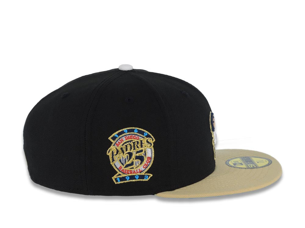 San Diego Padres New Era MLB 59FIFTY 5950 Fitted Cap Hat Black Crown Vegas Gold Visor White/Blue/Metallic Gold Friar Logo 25th Anniversary Side Patch