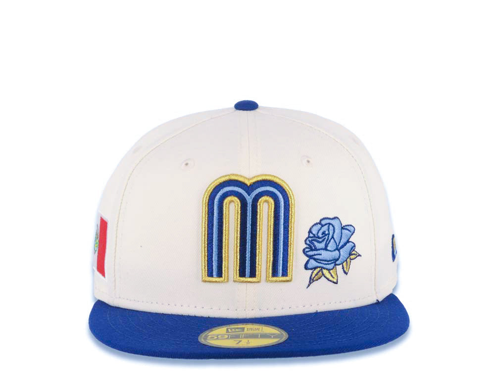Mexico New Era WBC 59FIFTY 5950 Fitted Cap Hat Cream Crown Royal Blue Visor Royal/Metallic Gold/Sky Blue Logo With Rose Mexico Flag Side Patch