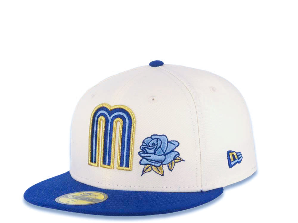 Mexico New Era WBC 59FIFTY 5950 Fitted Cap Hat Cream Crown Royal Blue Visor Royal/Metallic Gold/Sky Blue Logo With Rose Mexico Flag Side Patch