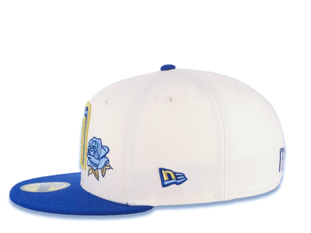 Mexico New Era WBC 59FIFTY 5950 Fitted Cap Hat Cream Crown Royal Blue Visor Royal/Metallic Gold/Sky Blue Logo With Rose Mexico Flag Side Patch