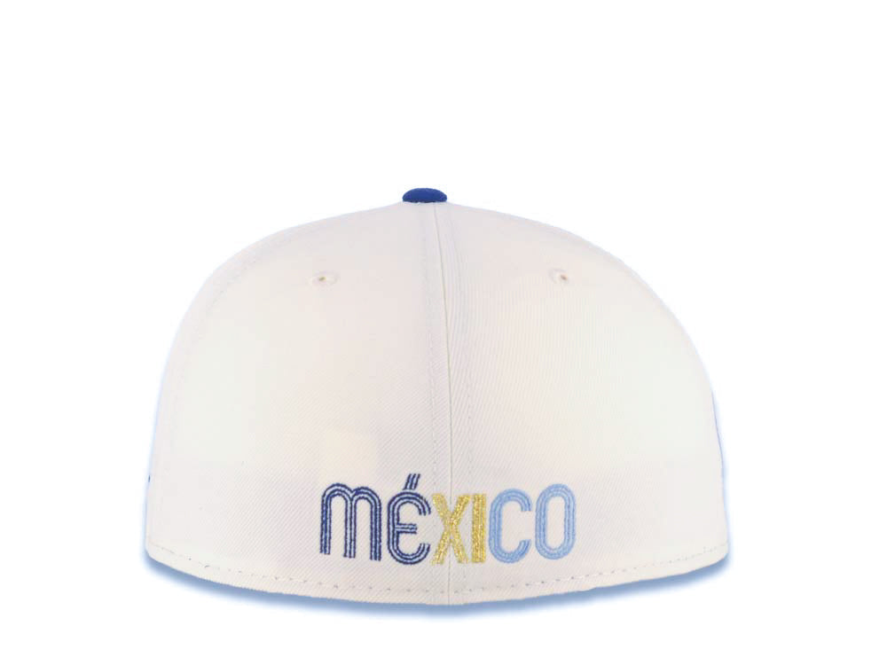 Mexico New Era WBC 59FIFTY 5950 Fitted Cap Hat Cream Crown Royal Blue Visor Royal/Metallic Gold/Sky Blue Logo With Rose Mexico Flag Side Patch