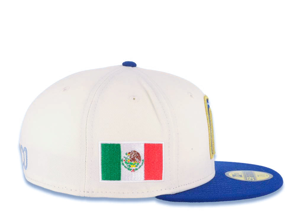 Mexico New Era WBC 59FIFTY 5950 Fitted Cap Hat Cream Crown Royal Blue Visor Royal/Metallic Gold/Sky Blue Logo With Rose Mexico Flag Side Patch