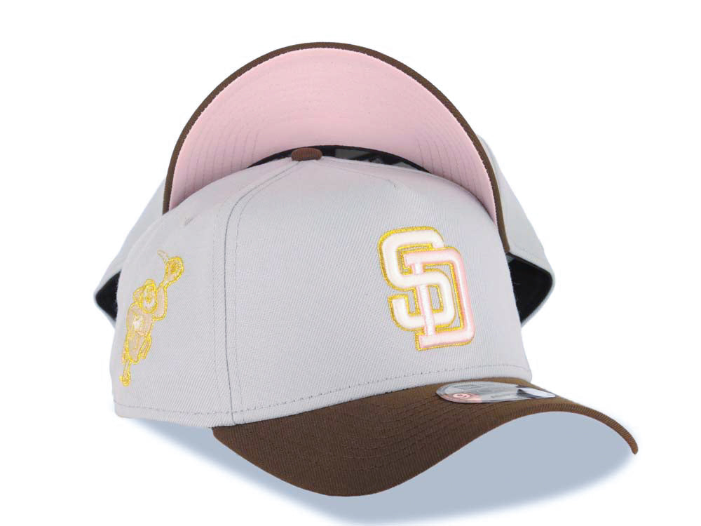 San Diego Padres New Era MLB 9FORTY 940 Adjustable A-Frame Cap Hat Gray Crown Brown Visor Glow White/Pink/Metallic Gold Logo Catching Friar Patch