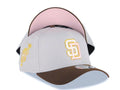 San Diego Padres New Era MLB 9FORTY 940 Adjustable A-Frame Cap Hat Gray Crown Brown Visor Glow White/Pink/Metallic Gold Logo Catching Friar Patch