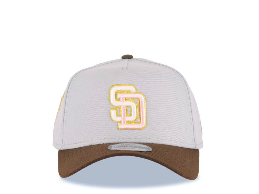 San Diego Padres New Era MLB 9FORTY 940 Adjustable A-Frame Cap Hat Gray Crown Brown Visor Glow White/Pink/Metallic Gold Logo Catching Friar Patch