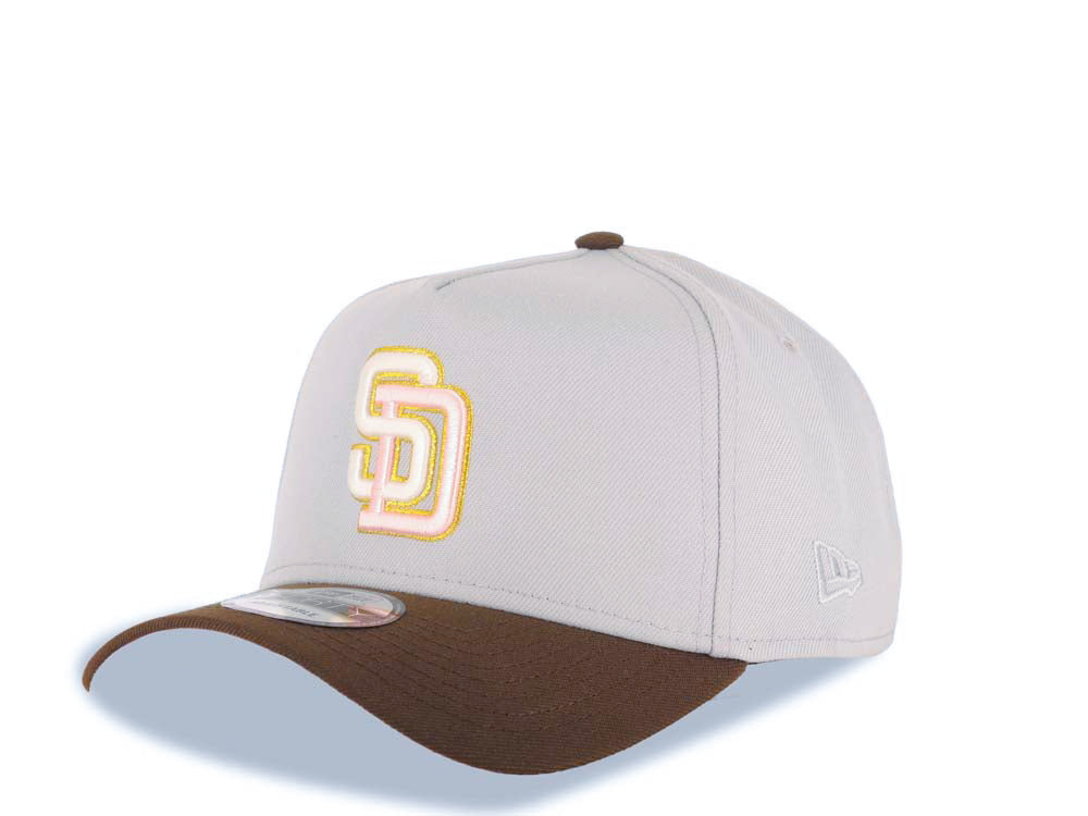 San Diego Padres New Era MLB 9FORTY 940 Adjustable A-Frame Cap Hat Gray Crown Brown Visor Glow White/Pink/Metallic Gold Logo Catching Friar Patch