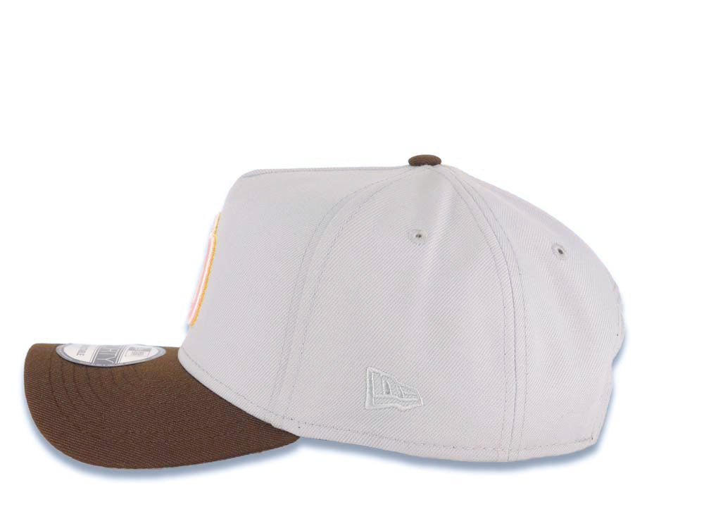 San Diego Padres New Era MLB 9FORTY 940 Adjustable A-Frame Cap Hat Gray Crown Brown Visor Glow White/Pink/Metallic Gold Logo Catching Friar Patch