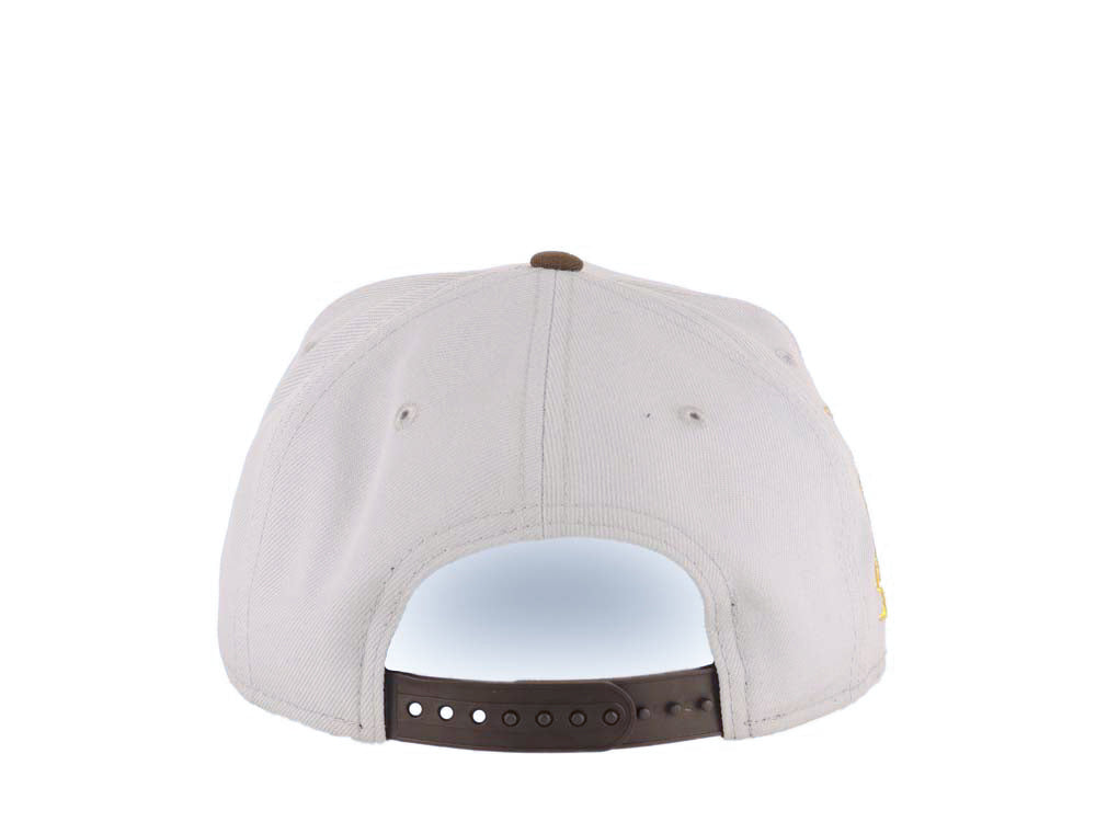 San Diego Padres New Era MLB 9FORTY 940 Adjustable A-Frame Cap Hat Gray Crown Brown Visor Glow White/Pink/Metallic Gold Logo Catching Friar Patch