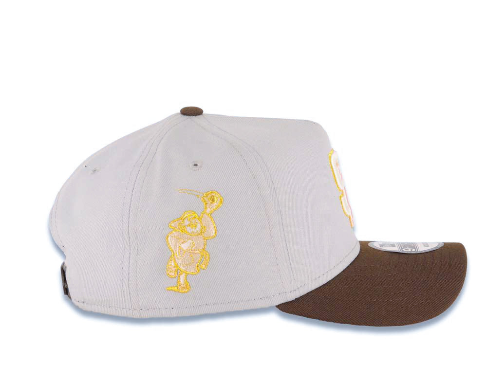 San Diego Padres New Era MLB 9FORTY 940 Adjustable A-Frame Cap Hat Gray Crown Brown Visor Glow White/Pink/Metallic Gold Logo Catching Friar Patch