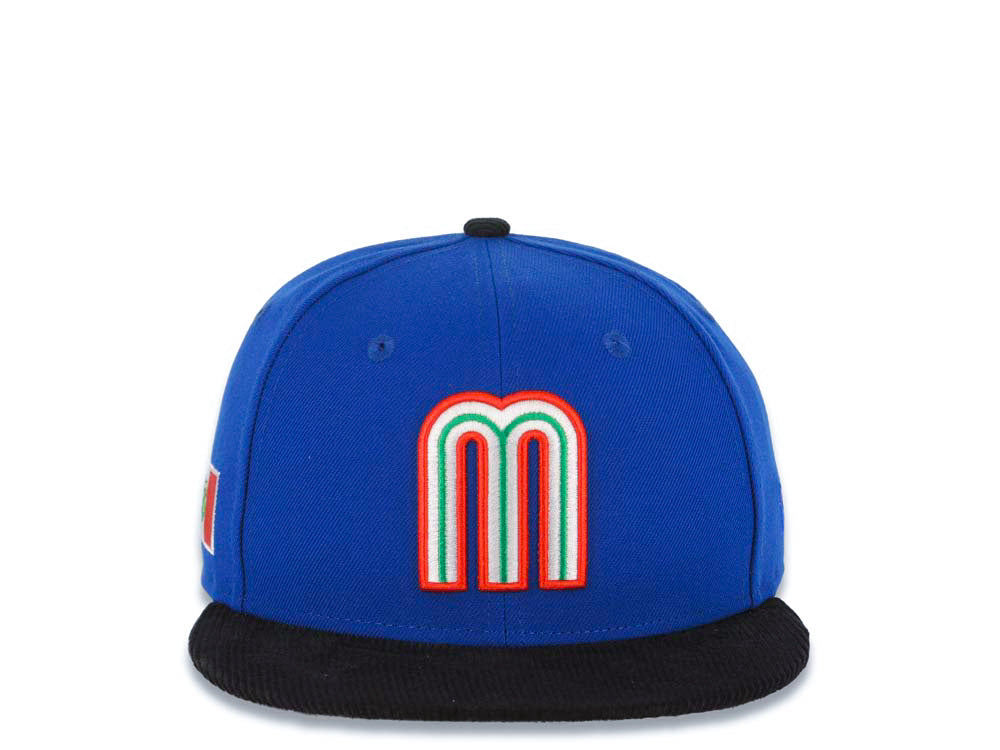 Mexico New Era 9FIFTY 950 Snapback Cap Hat Royal Blue Crown Black Visor Team Color Logo Mexico Flag Side Patch Gray UV