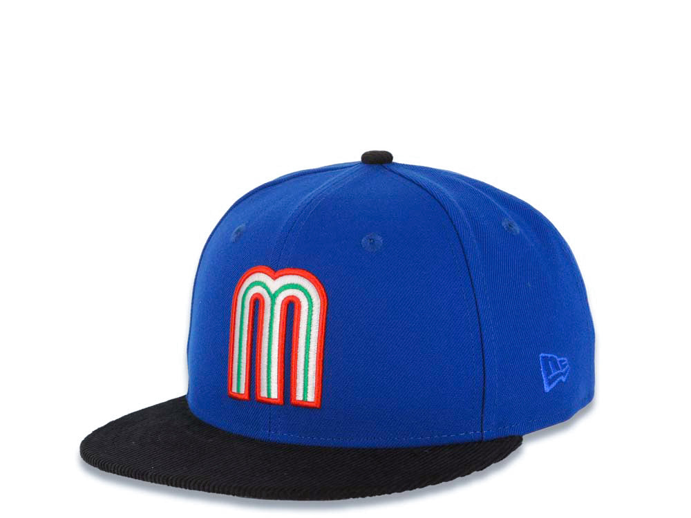 Mexico New Era 9FIFTY 950 Snapback Cap Hat Royal Blue Crown Black Visor Team Color Logo Mexico Flag Side Patch Gray UV