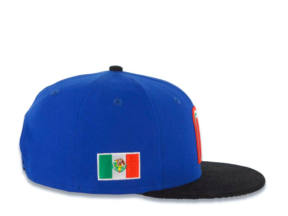 Mexico New Era 9FIFTY 950 Snapback Cap Hat Royal Blue Crown Black Visor Team Color Logo Mexico Flag Side Patch Gray UV