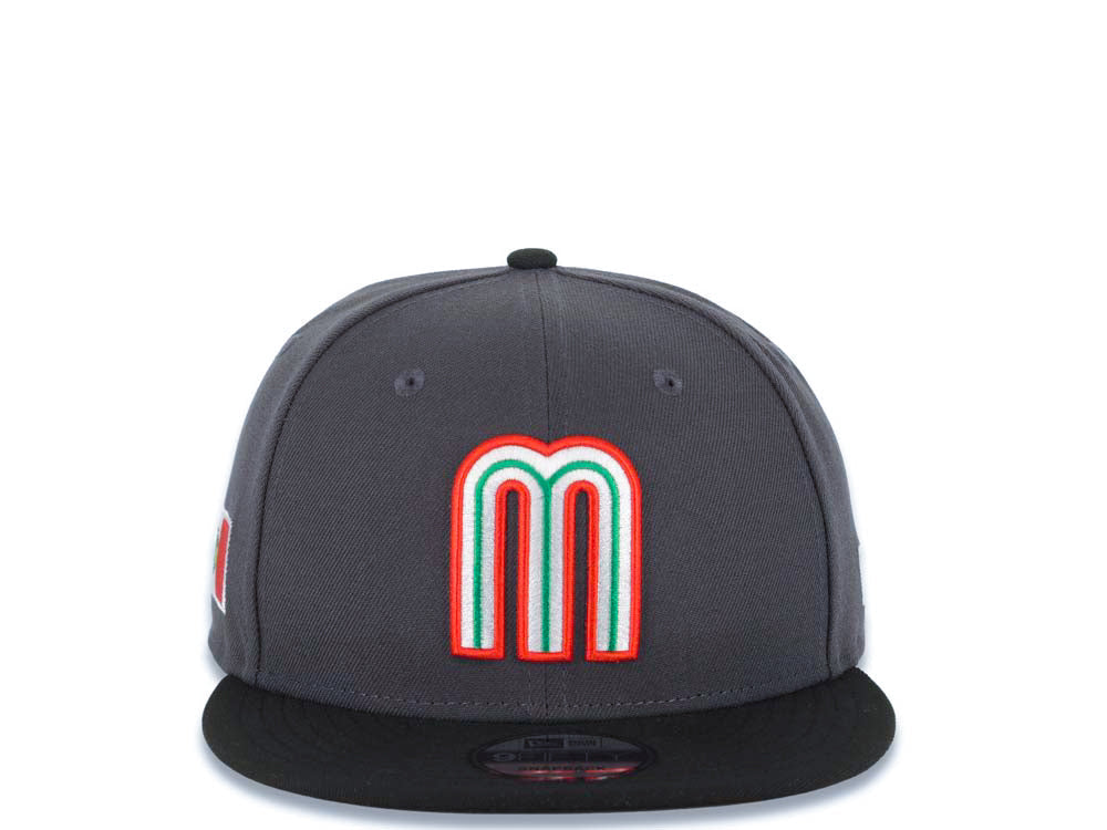 Mexico New Era 9FIFTY 950 Snapback Cap Hat Dark Gray Crown Black Visor Team Color Logo Mexico Flag Side Patch Gray UV