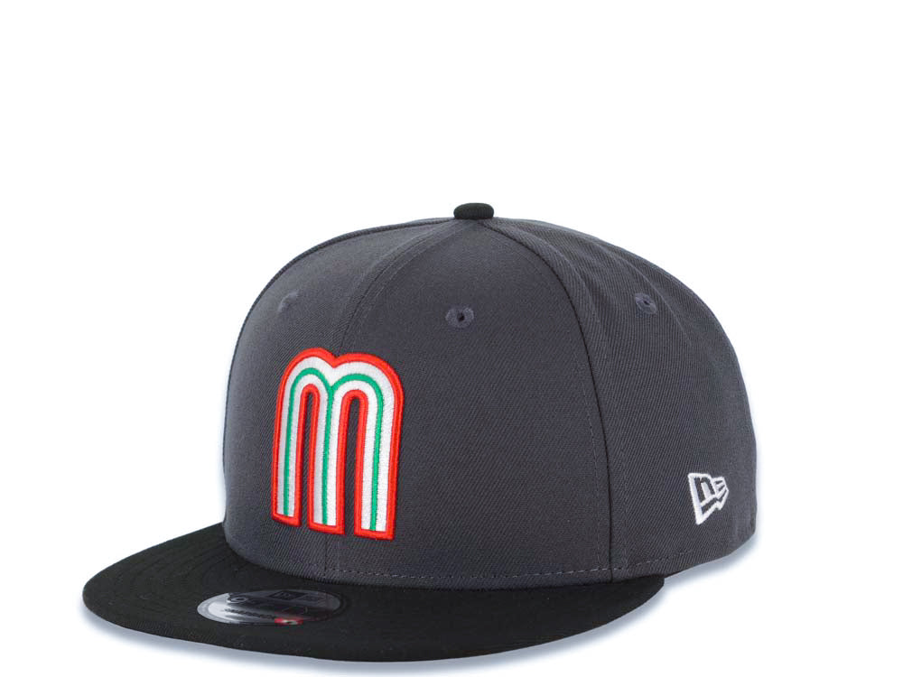 Mexico New Era 9FIFTY 950 Snapback Cap Hat Dark Gray Crown Black Visor Team Color Logo Mexico Flag Side Patch Gray UV