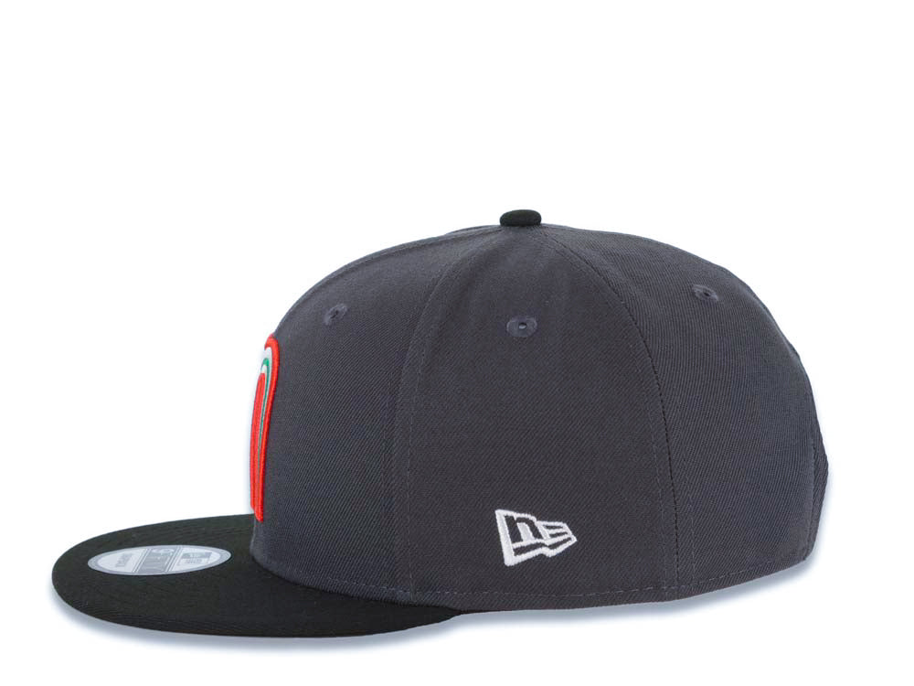 Mexico New Era 9FIFTY 950 Snapback Cap Hat Dark Gray Crown Black Visor Team Color Logo Mexico Flag Side Patch Gray UV
