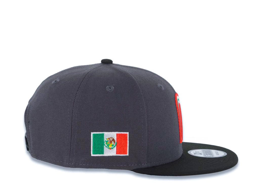 Mexico New Era 9FIFTY 950 Snapback Cap Hat Dark Gray Crown Black Visor Team Color Logo Mexico Flag Side Patch Gray UV