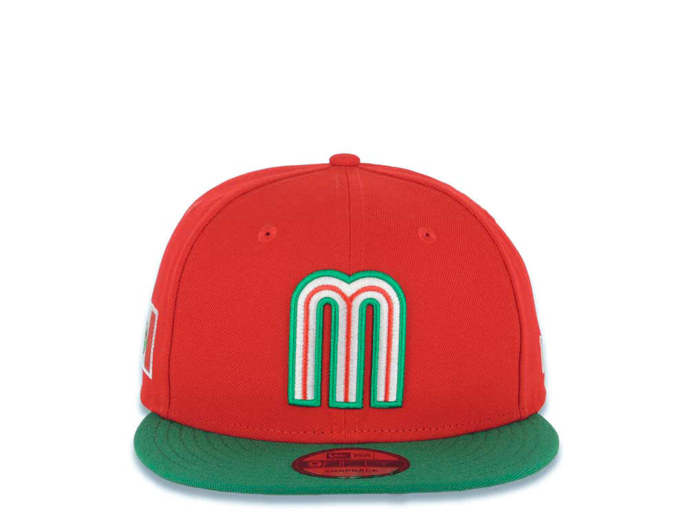 Mexico New Era 9FIFTY 950 Snapback Cap Hat Red Crown Green Visor Team Color Logo Mexico Flag Side Patch Gray UV