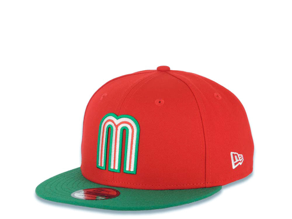 Mexico New Era 9FIFTY 950 Snapback Cap Hat Red Crown Green Visor Team Color Logo Mexico Flag Side Patch Gray UV