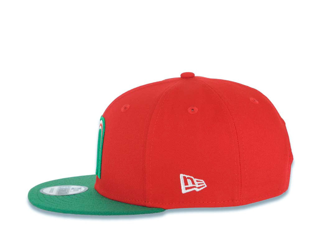 Mexico New Era 9FIFTY 950 Snapback Cap Hat Red Crown Green Visor Team Color Logo Mexico Flag Side Patch Gray UV
