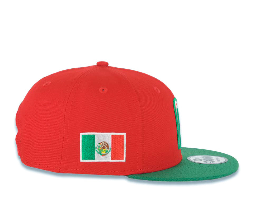 Mexico New Era 9FIFTY 950 Snapback Cap Hat Red Crown Green Visor Team Color Logo Mexico Flag Side Patch Gray UV