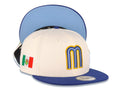 Mexico New Era 9FIFTY 950 Snapback Cap Hat Cream Crown Royal Blue Visor Sky Blue/Royal/Metallic Gold Logo Mexico Flag Side Patch Sky Blue UV