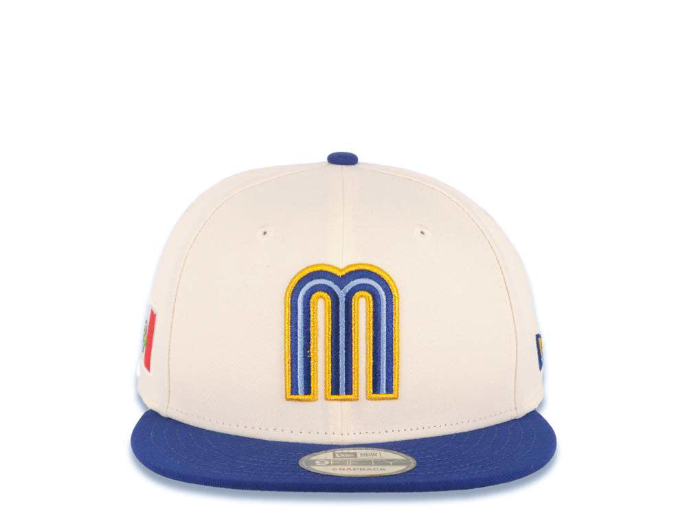 Mexico New Era 9FIFTY 950 Snapback Cap Hat Cream Crown Royal Blue Visor Sky Blue/Royal/Metallic Gold Logo Mexico Flag Side Patch Sky Blue UV