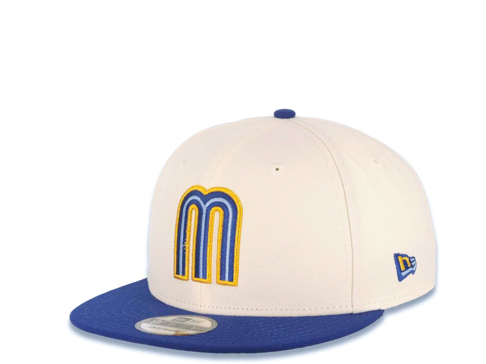 Mexico New Era 9FIFTY 950 Snapback Cap Hat Cream Crown Royal Blue Visor Sky Blue/Royal/Metallic Gold Logo Mexico Flag Side Patch Sky Blue UV