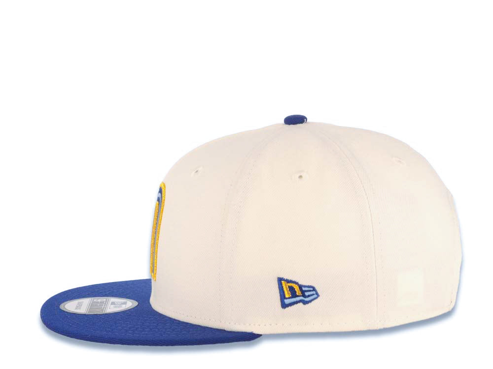Mexico New Era 9FIFTY 950 Snapback Cap Hat Cream Crown Royal Blue Visor Sky Blue/Royal/Metallic Gold Logo Mexico Flag Side Patch Sky Blue UV