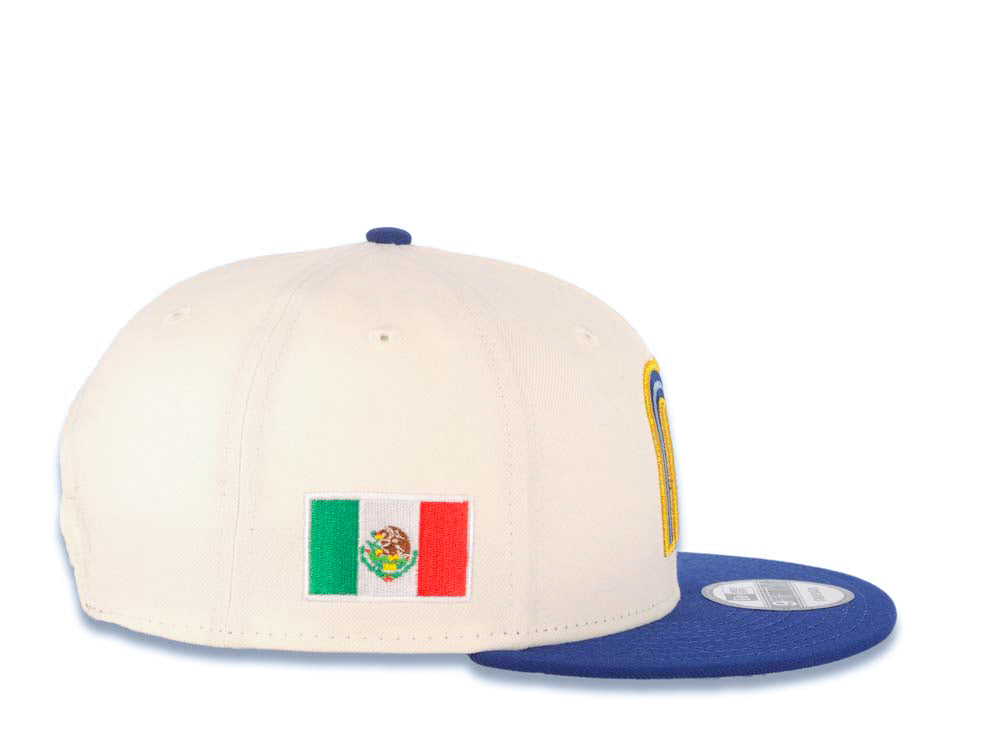Mexico New Era 9FIFTY 950 Snapback Cap Hat Cream Crown Royal Blue Visor Sky Blue/Royal/Metallic Gold Logo Mexico Flag Side Patch Sky Blue UV