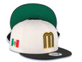 Mexico New Era 9FIFTY 950 Snapback Cap Hat Cream Crown Black Visor Metallic Gold/Black Logo Mexico Flag Side Patch Green UV Green UV