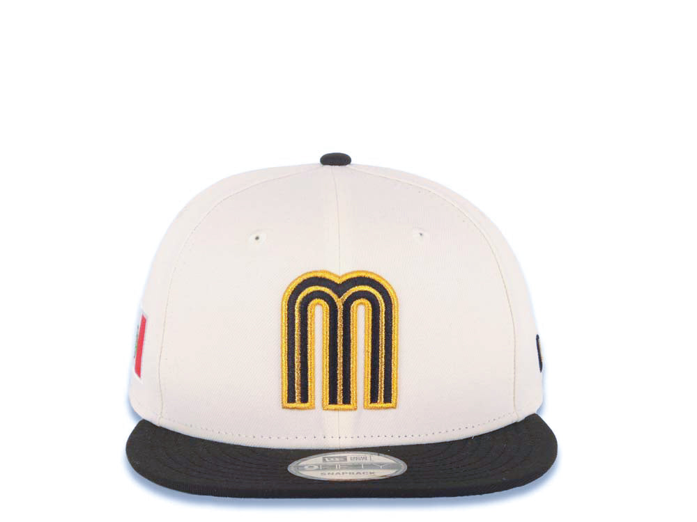 Mexico New Era 9FIFTY 950 Snapback Cap Hat Cream Crown Black Visor Metallic Gold/Black Logo Mexico Flag Side Patch Green UV Green UV