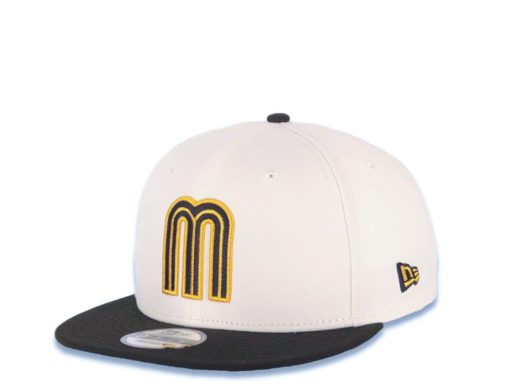 Mexico New Era 9FIFTY 950 Snapback Cap Hat Cream Crown Black Visor Metallic Gold/Black Logo Mexico Flag Side Patch Green UV Green UV