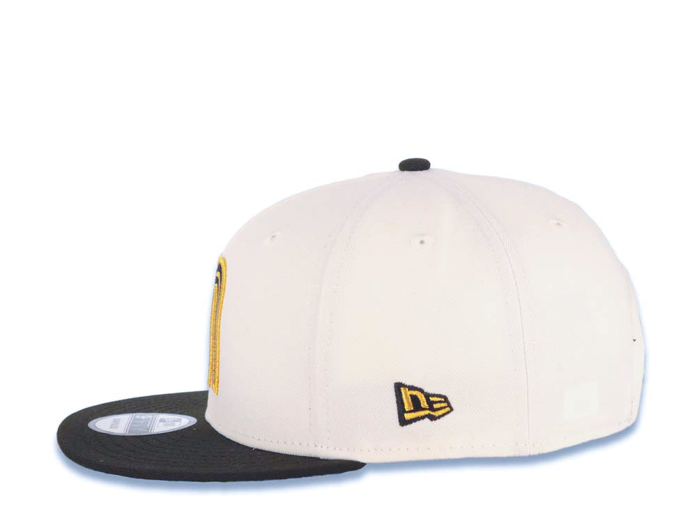 Mexico New Era 9FIFTY 950 Snapback Cap Hat Cream Crown Black Visor Metallic Gold/Black Logo Mexico Flag Side Patch Green UV Green UV
