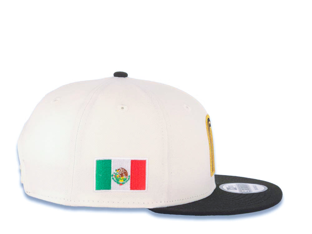 Mexico New Era 9FIFTY 950 Snapback Cap Hat Cream Crown Black Visor Metallic Gold/Black Logo Mexico Flag Side Patch Green UV Green UV