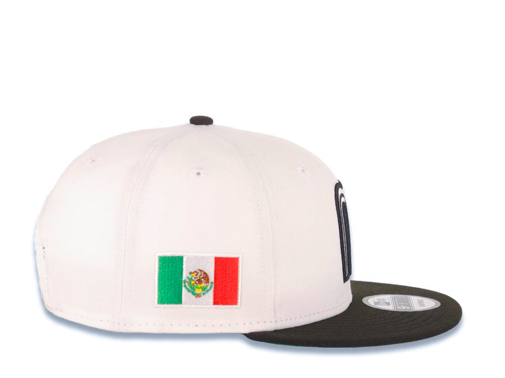 Mexico New Era 9FIFTY 950 Snapback Cap Hat White Crown Black Visor White/Black Logo Mexico Flag Side Patch Green UV