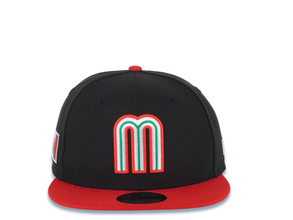 Mexico New Era 9FIFTY 950 Snapback Cap Hat Black Crown Red Visor Team Color Logo Mexico Flag Side Patch Green UV