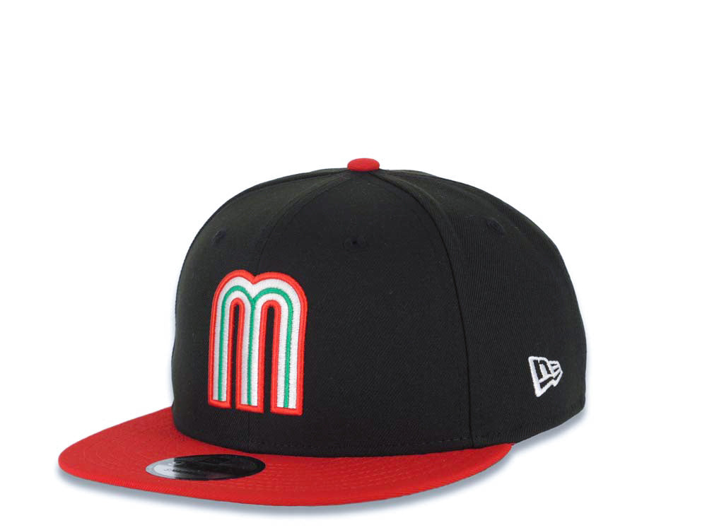 Mexico New Era 9FIFTY 950 Snapback Cap Hat Black Crown Red Visor Team Color Logo Mexico Flag Side Patch Green UV