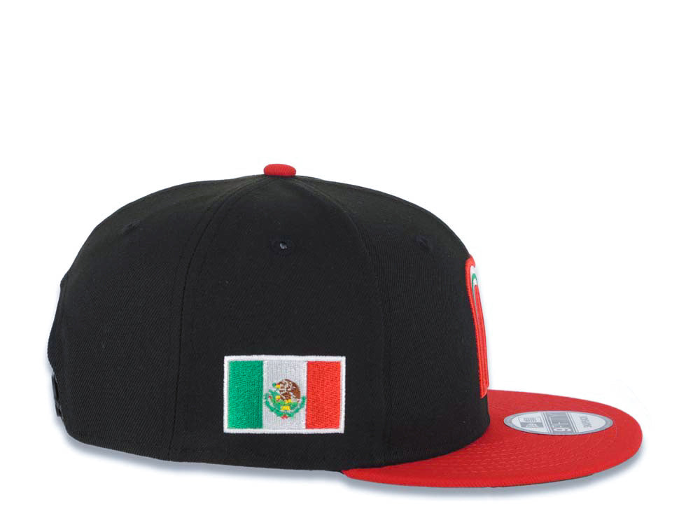 Mexico New Era 9FIFTY 950 Snapback Cap Hat Black Crown Red Visor Team Color Logo Mexico Flag Side Patch Green UV